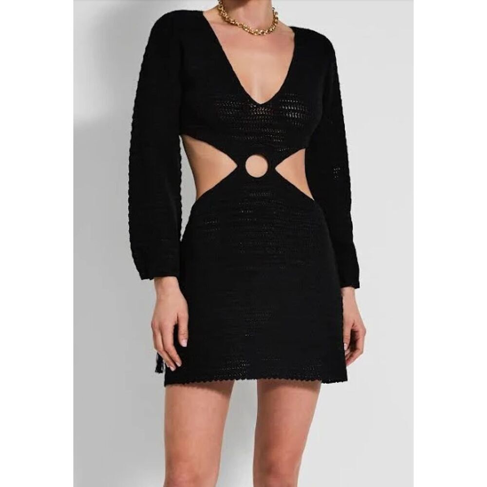 Devon Windsor Crochet Knit Fallon Cut Out Long Sleeve Mini Dress Black Size XL
